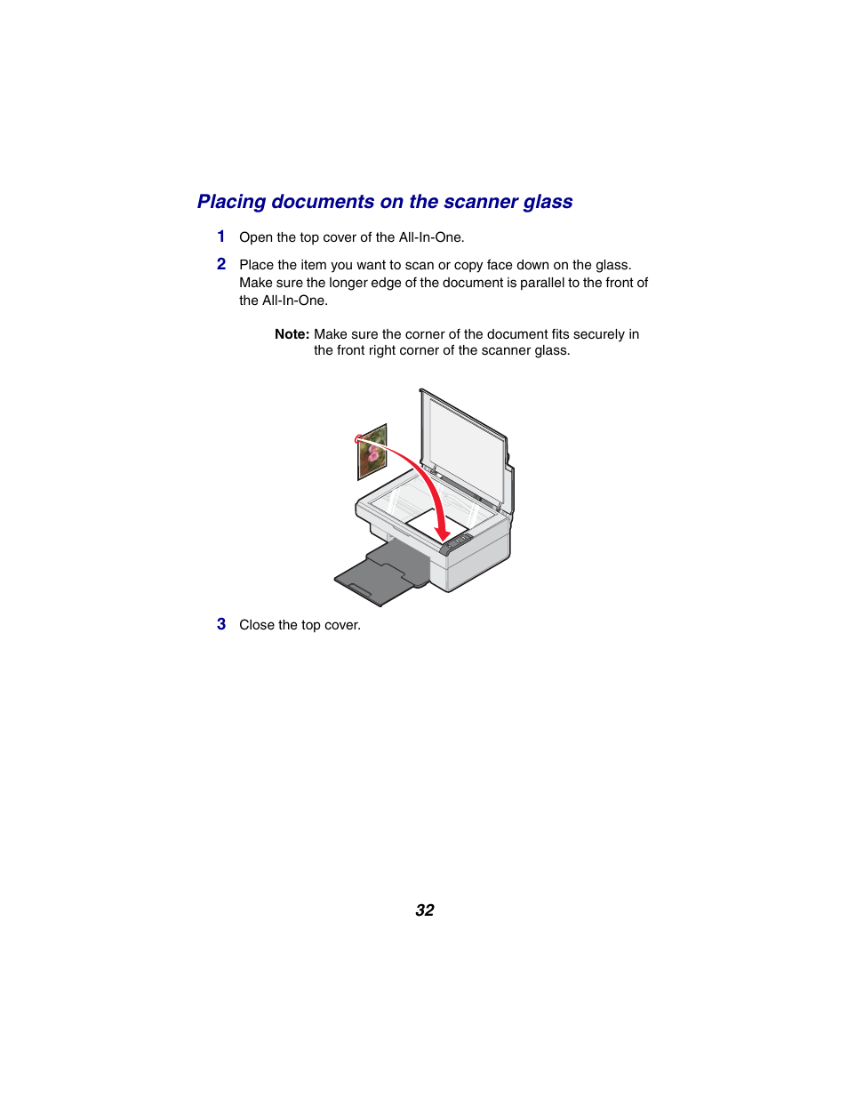 Placing documents on the scanner glass | Lexmark 2300 Series User Manual | Page 32 / 77