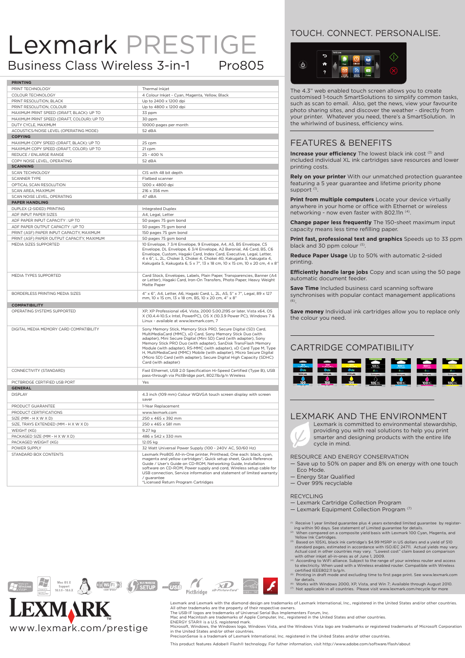 Lexmark prestige, Pro805, Business class wireless 3-in-1 | Features & benefits cartridge compatibility | Lexmark PRESTIGE 805 User Manual | Page 2 / 2