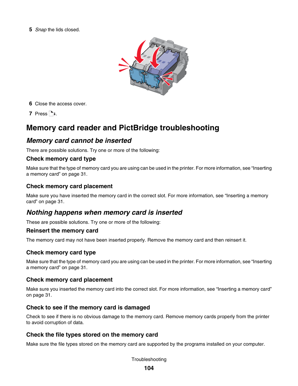 Memory card reader and pictbridge troubleshooting, Memory card cannot be inserted, Nothing happens when memory card is inserted | Lexmark 1500 User Manual | Page 104 / 124