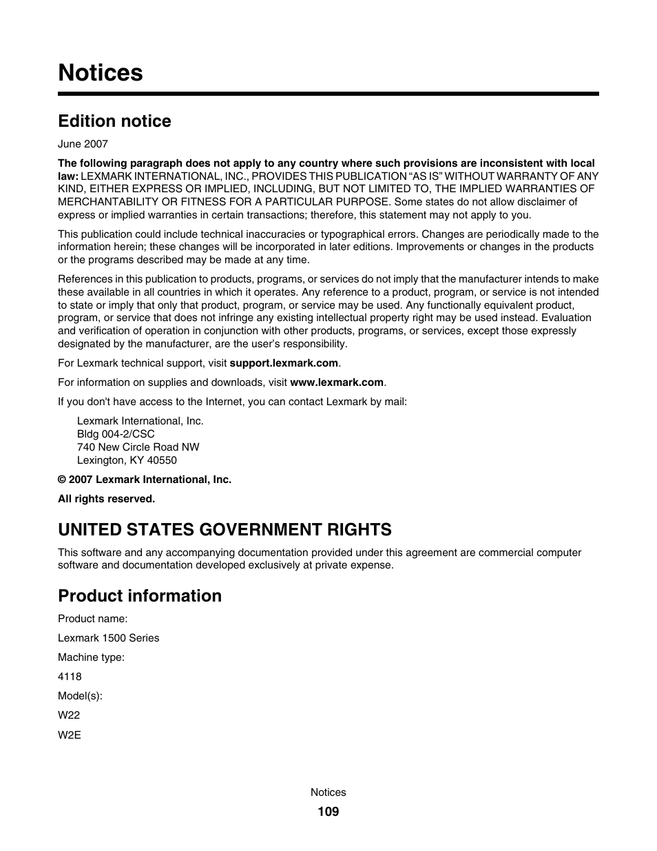 Notices, Edition notice, United states government rights | Product information | Lexmark 1500 User Manual | Page 109 / 124