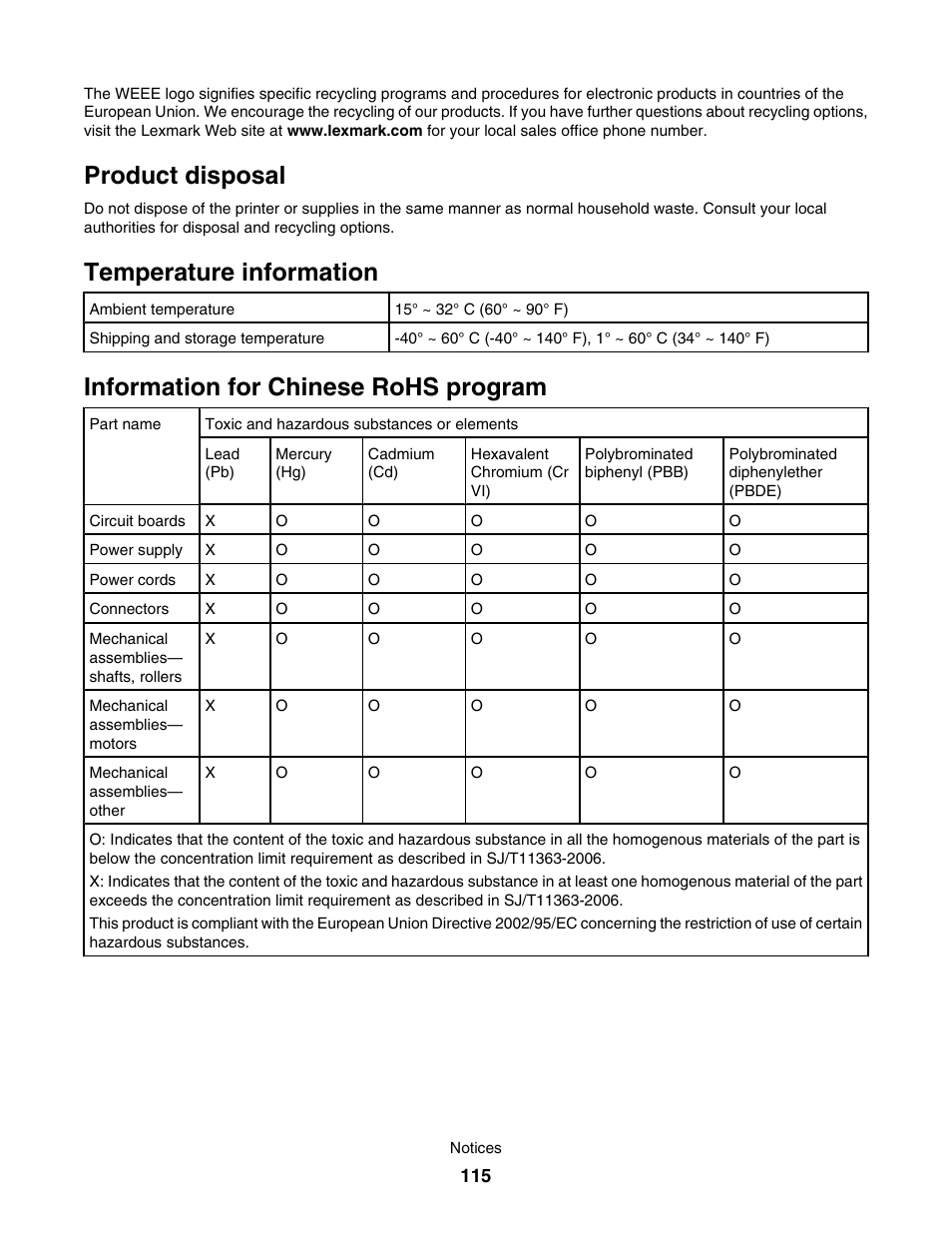Product disposal, Temperature information, Information for chinese rohs program | Lexmark 1500 User Manual | Page 115 / 124