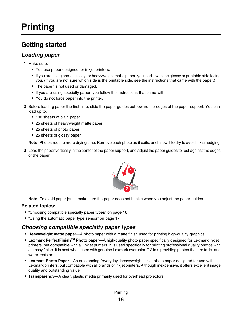 Printing, Getting started, Loading paper | Choosing compatible specialty paper types | Lexmark 1500 User Manual | Page 16 / 124