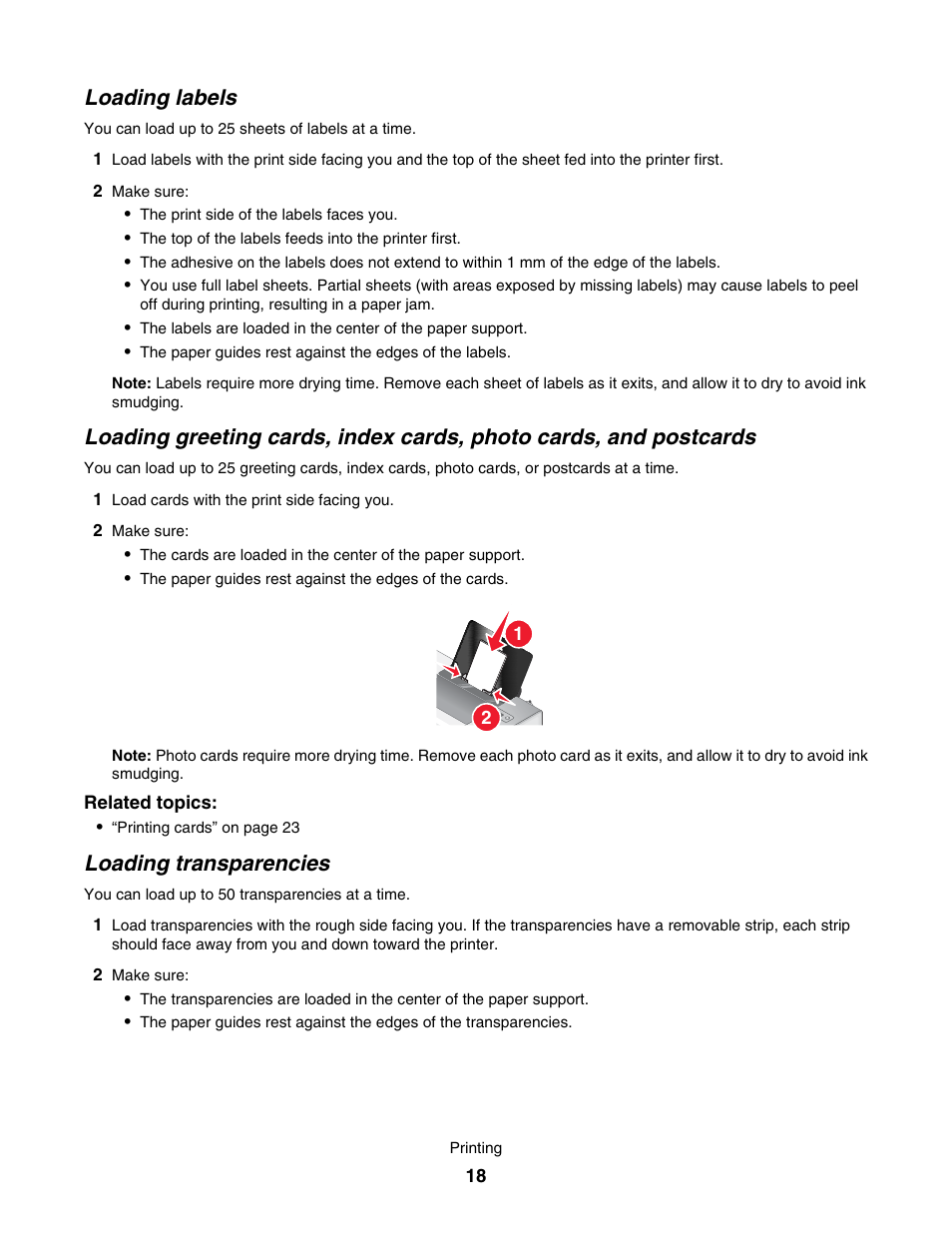 Loading labels, Loading transparencies | Lexmark 1500 User Manual | Page 18 / 124