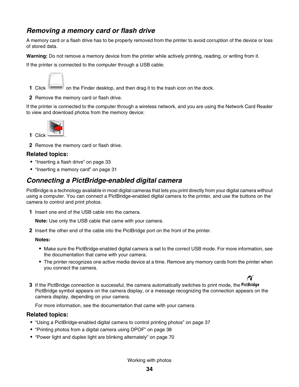 Removing a memory card or flash drive, Connecting a pictbridge-enabled digital camera | Lexmark 1500 User Manual | Page 34 / 124