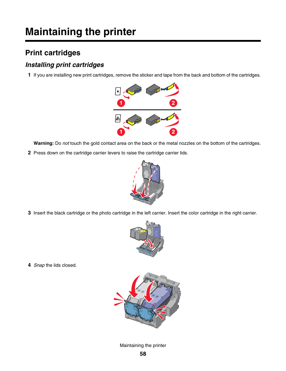 Maintaining the printer, Print cartridges, Installing print cartridges | Lexmark 1500 User Manual | Page 58 / 124