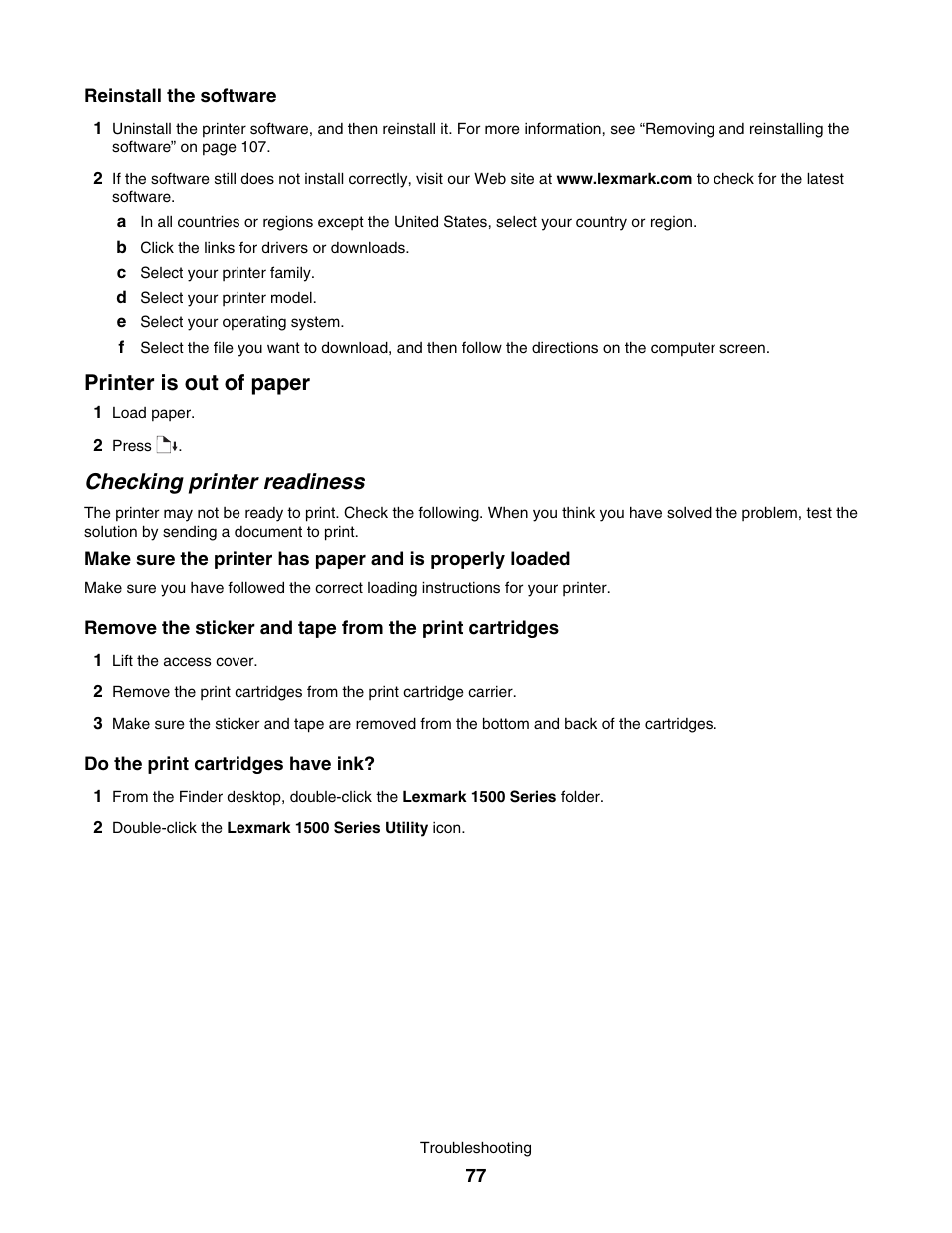 Printer is out of paper, Checking printer readiness | Lexmark 1500 User Manual | Page 77 / 124
