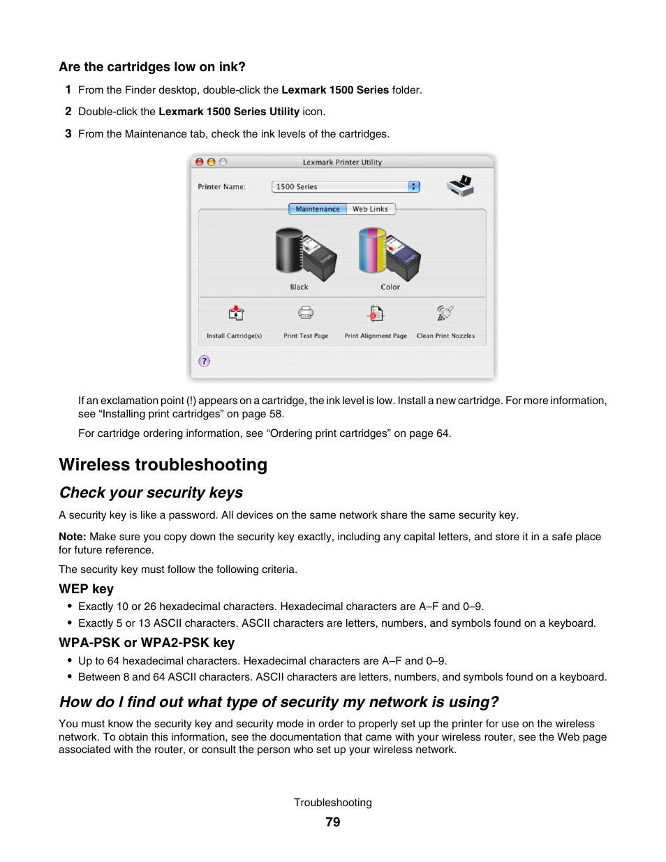 Wireless troubleshooting, Check your security keys | Lexmark 1500 User Manual | Page 79 / 124