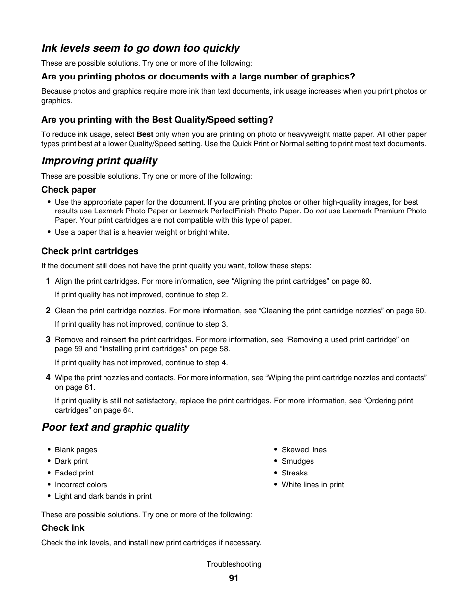 Ink levels seem to go down too quickly, Improving print quality, Poor text and graphic quality | Lexmark 1500 User Manual | Page 91 / 124