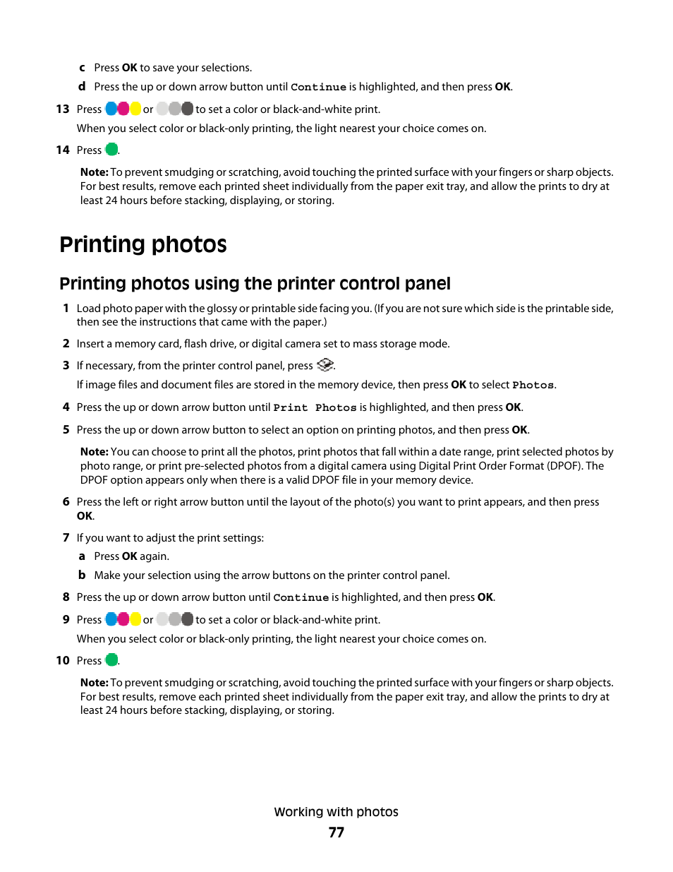 Printing photos, Printing photos using the printer control panel | Lexmark 4900 Series User Manual | Page 77 / 149