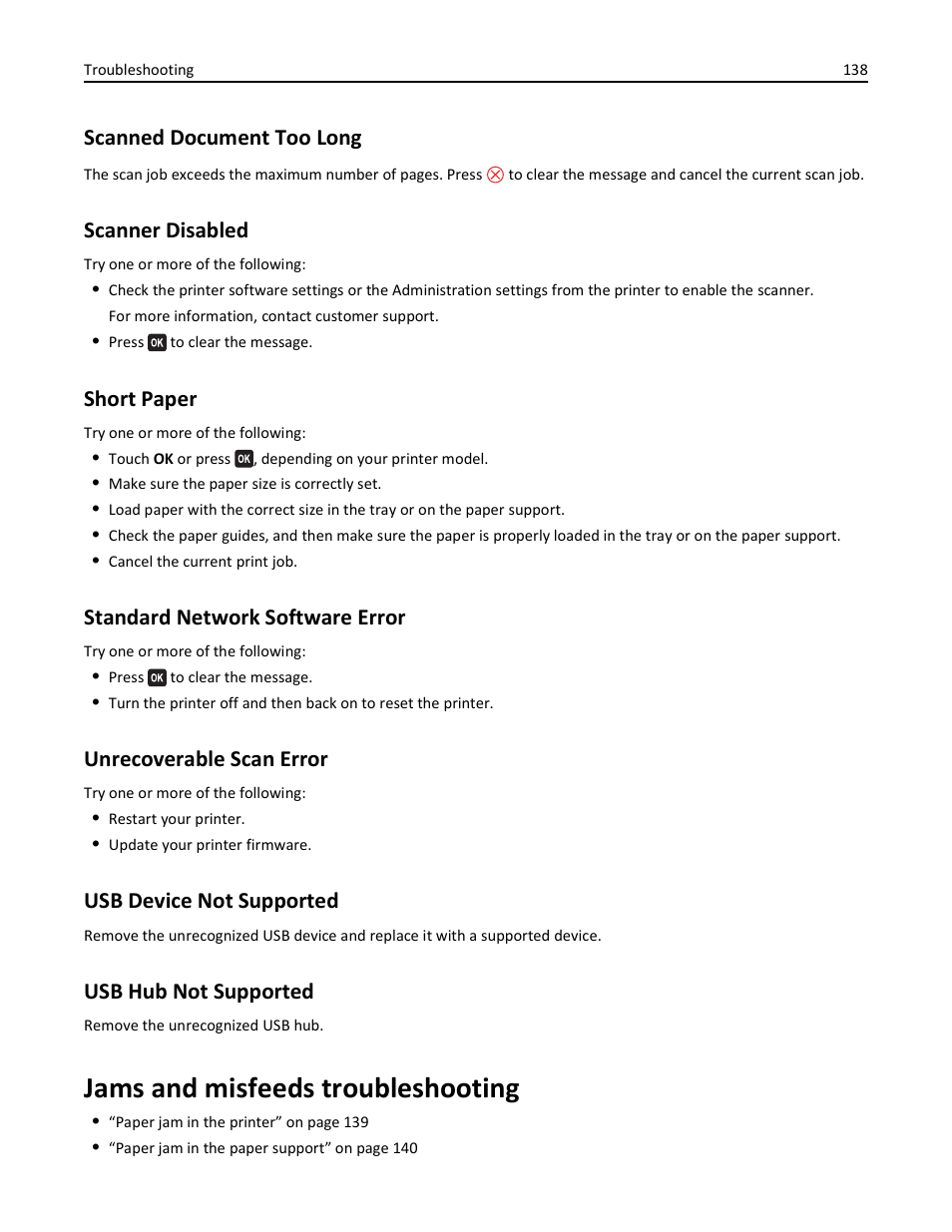 Scanned document too long, Scanner disabled, Short paper | Standard network software error, Unrecoverable scan error, Usb device not supported, Usb hub not supported, Jams and misfeeds troubleshooting | Lexmark S510 User Manual | Page 138 / 189