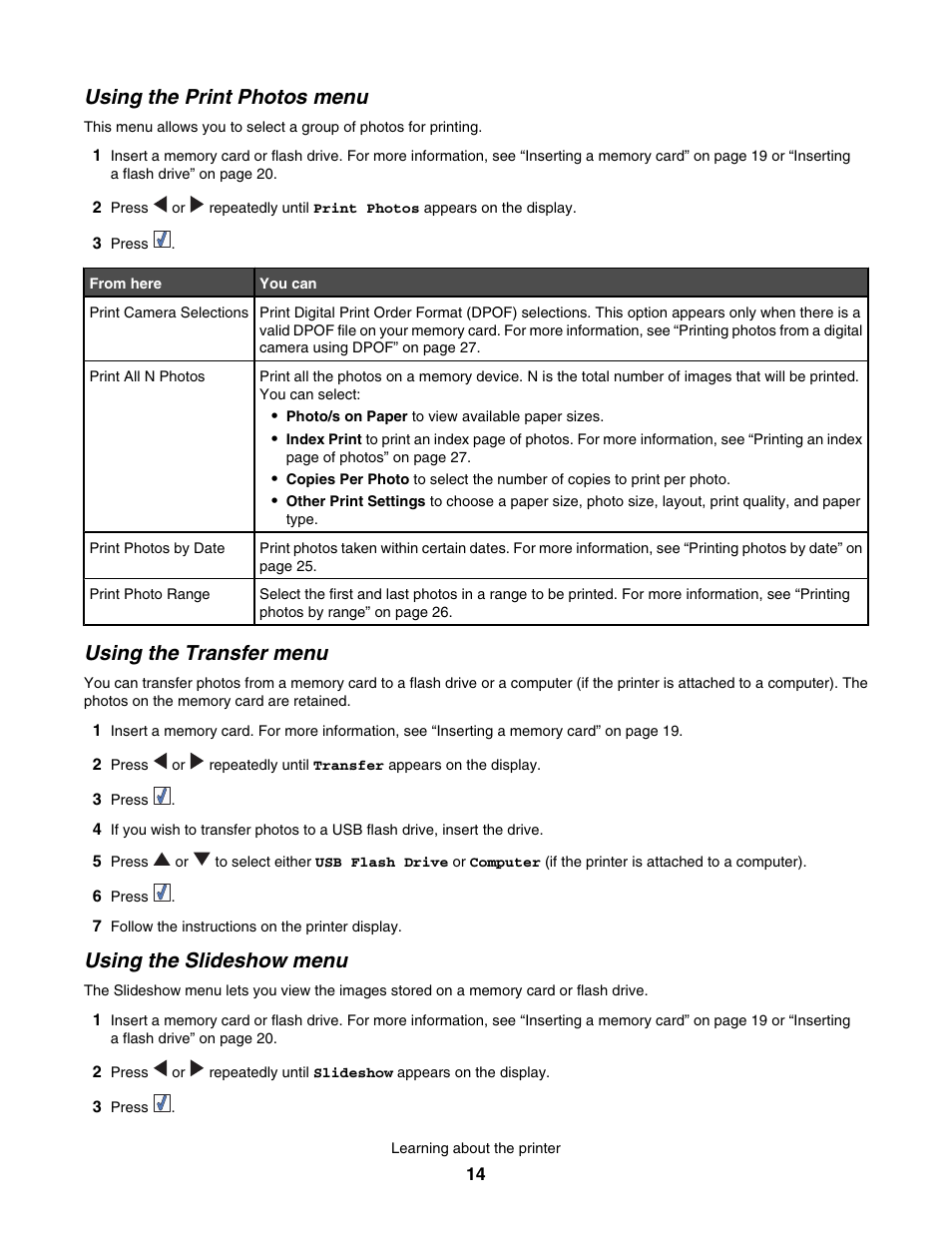 Using the print photos menu, Using the transfer menu, Using the slideshow menu | Lexmark 350 Series User Manual | Page 14 / 58
