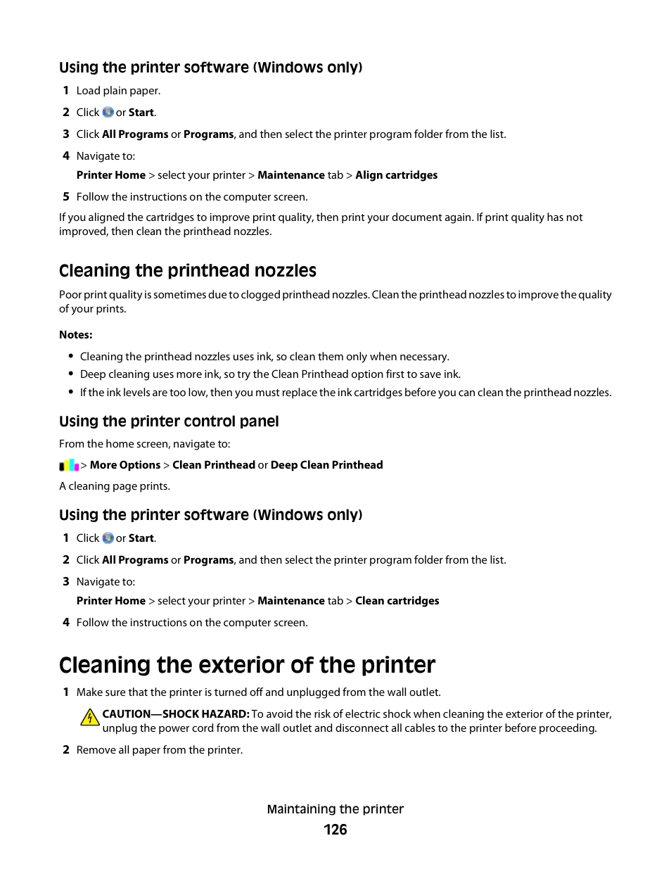 Cleaning the printhead nozzles, Cleaning the exterior of the printer | Lexmark S800 User Manual | Page 126 / 197