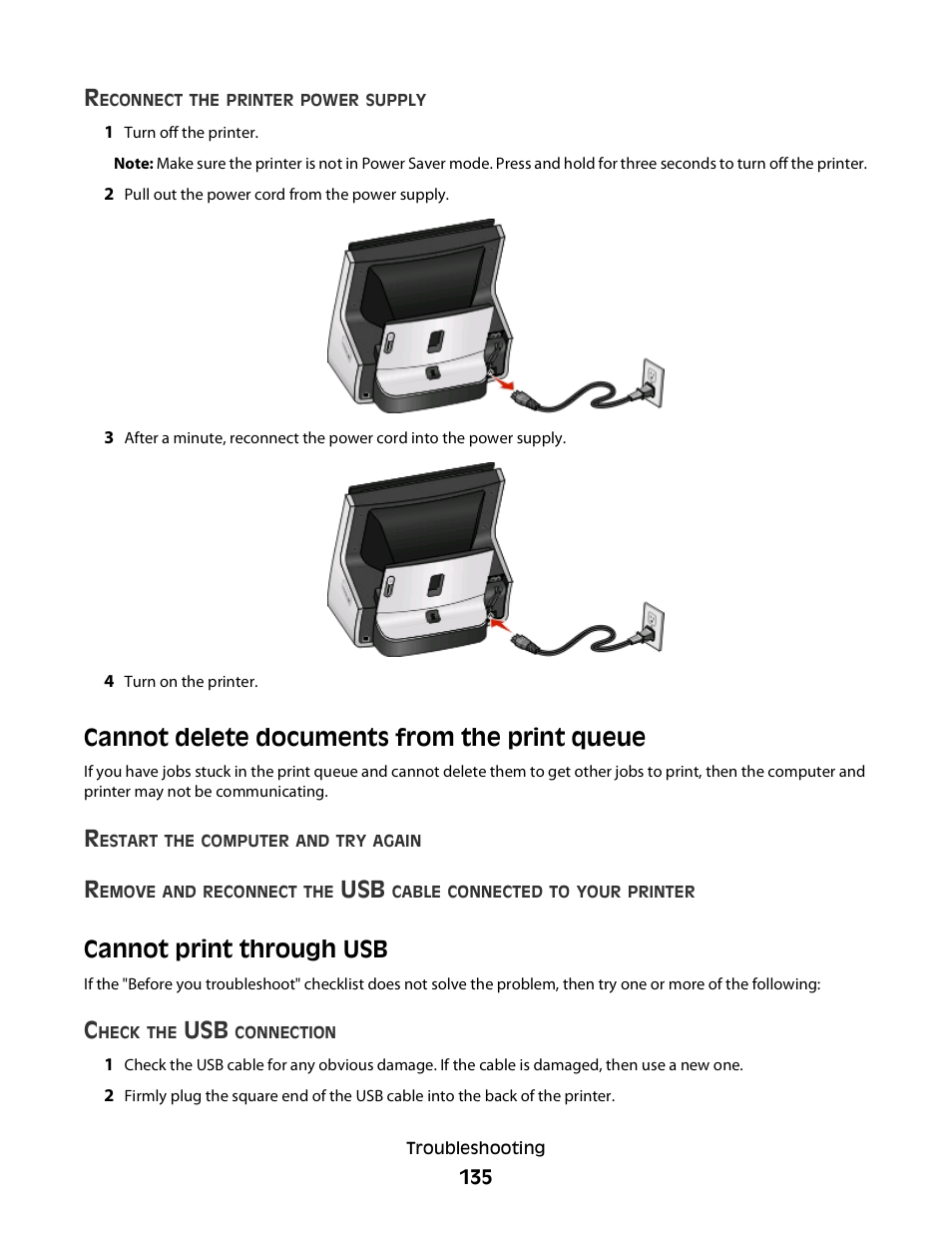 Cannot delete documents from the print queue, Cannot print through usb | Lexmark S800 User Manual | Page 135 / 197