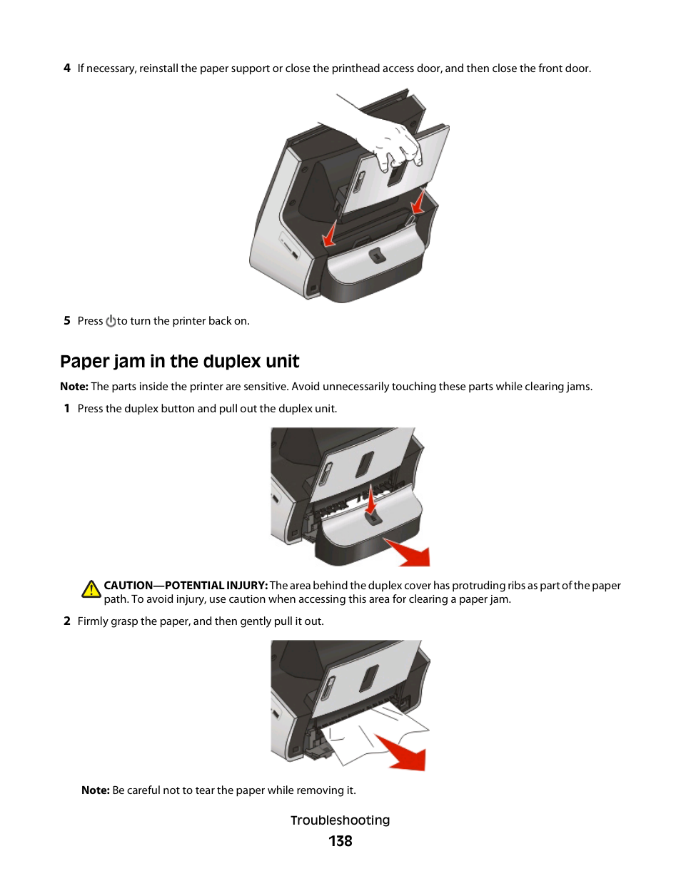 Paper jam in the duplex unit | Lexmark S800 User Manual | Page 138 / 197