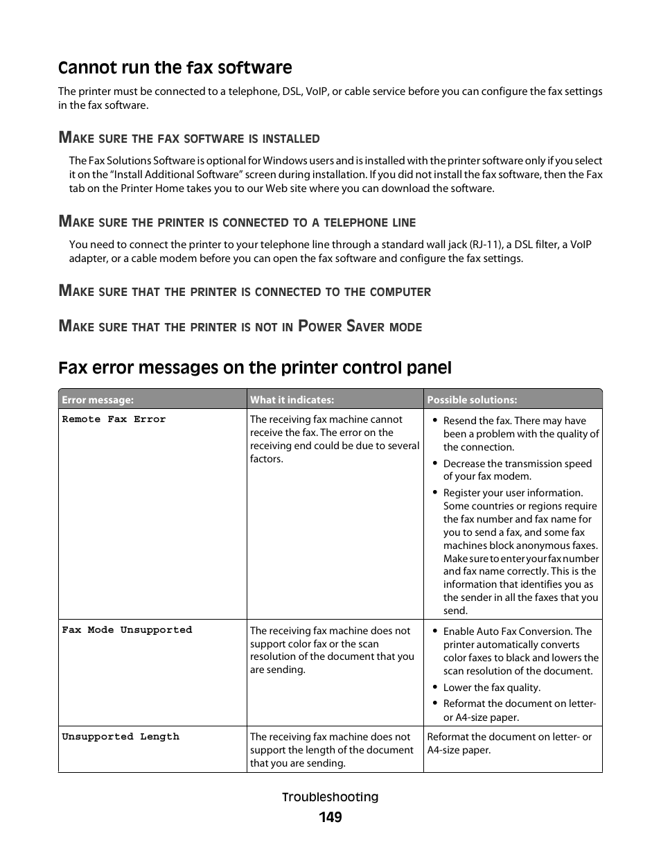 Cannot run the fax software, Fax error messages on the printer control panel | Lexmark S800 User Manual | Page 149 / 197