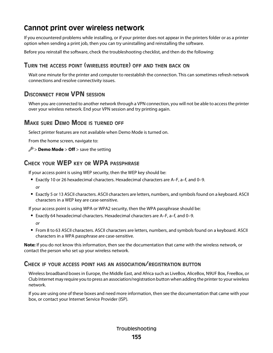 Cannot print over wireless network | Lexmark S800 User Manual | Page 155 / 197