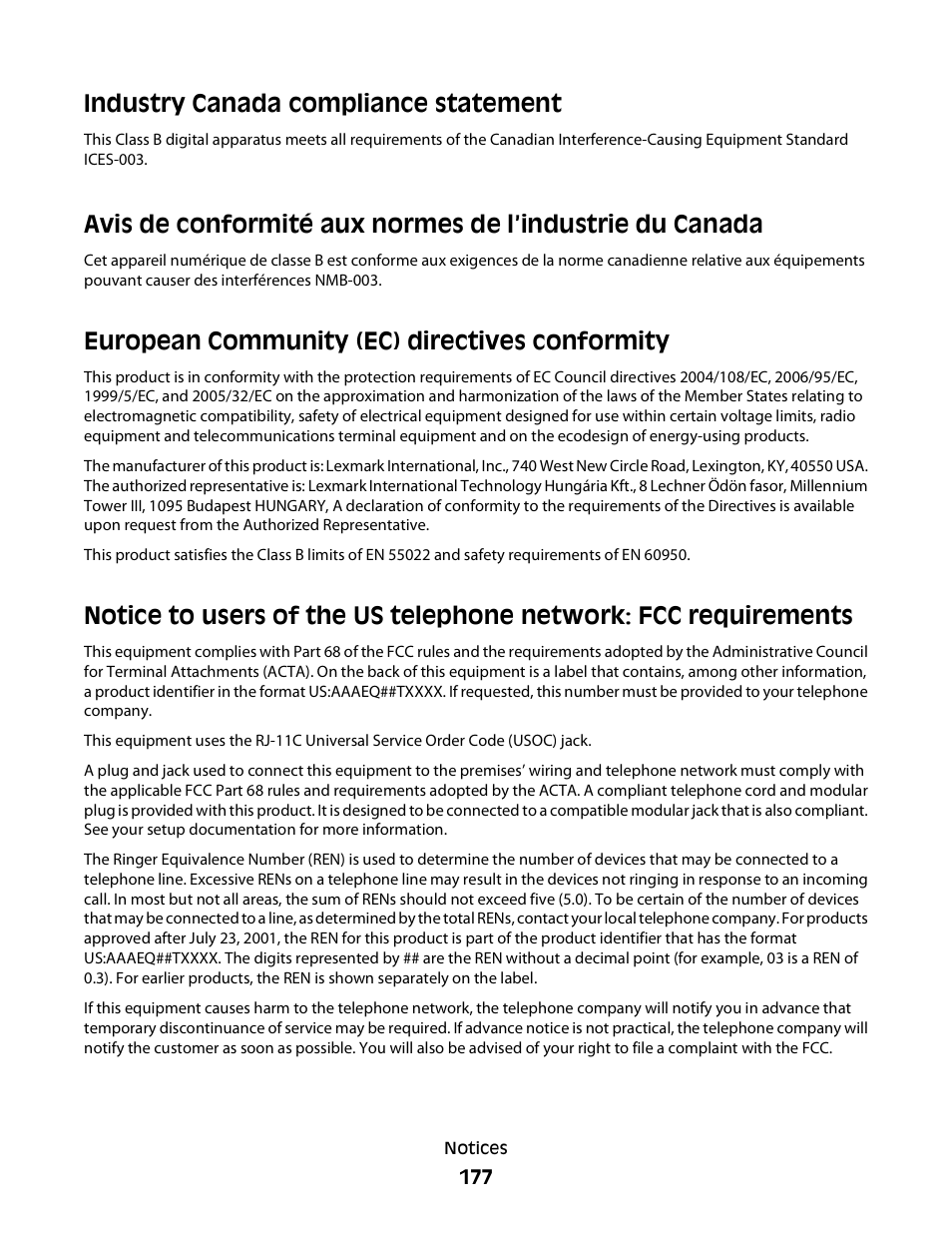 European community (ec) directives conformity, Industry canada compliance statement | Lexmark S800 User Manual | Page 177 / 197