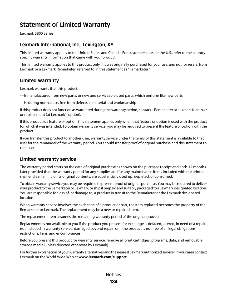 Statement of limited warranty | Lexmark S800 User Manual | Page 184 / 197