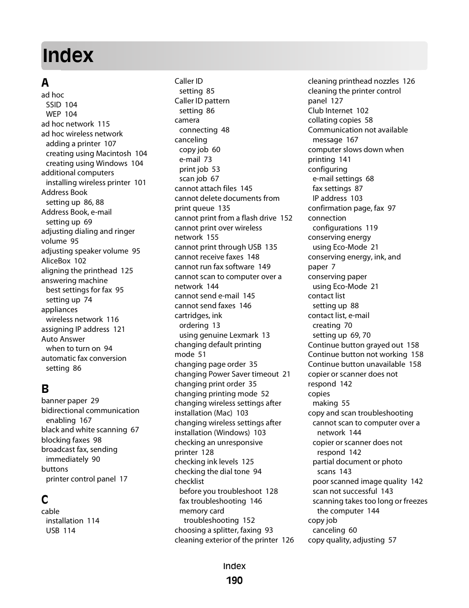 Index | Lexmark S800 User Manual | Page 190 / 197