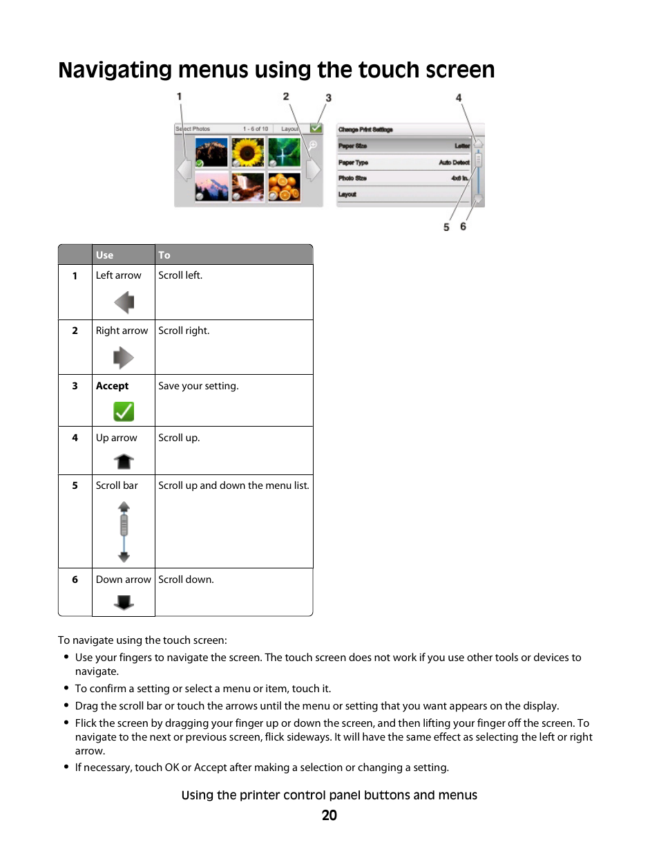 Navigating menus using the touch screen | Lexmark S800 User Manual | Page 20 / 197