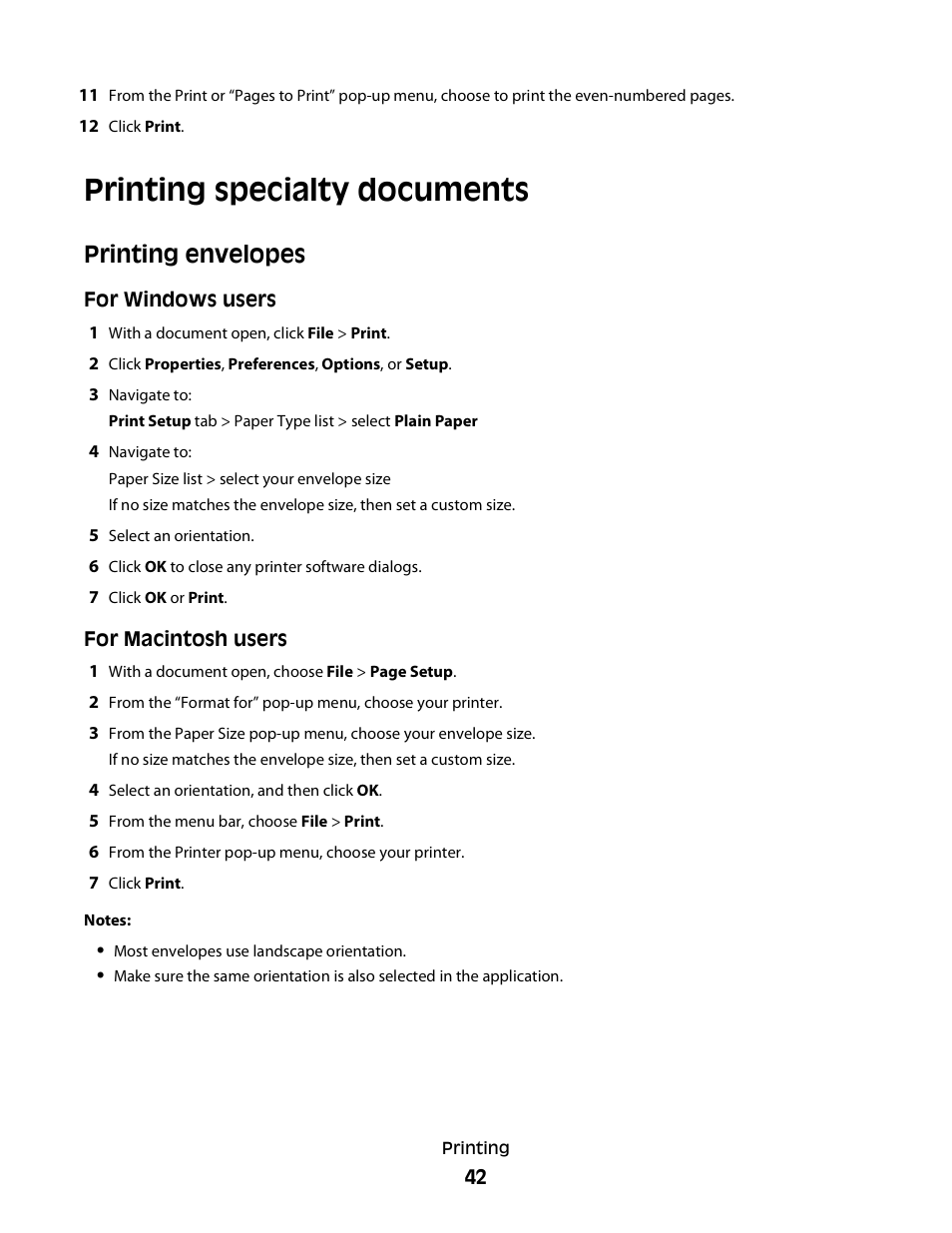 Printing specialty documents, Printing envelopes | Lexmark S800 User Manual | Page 42 / 197