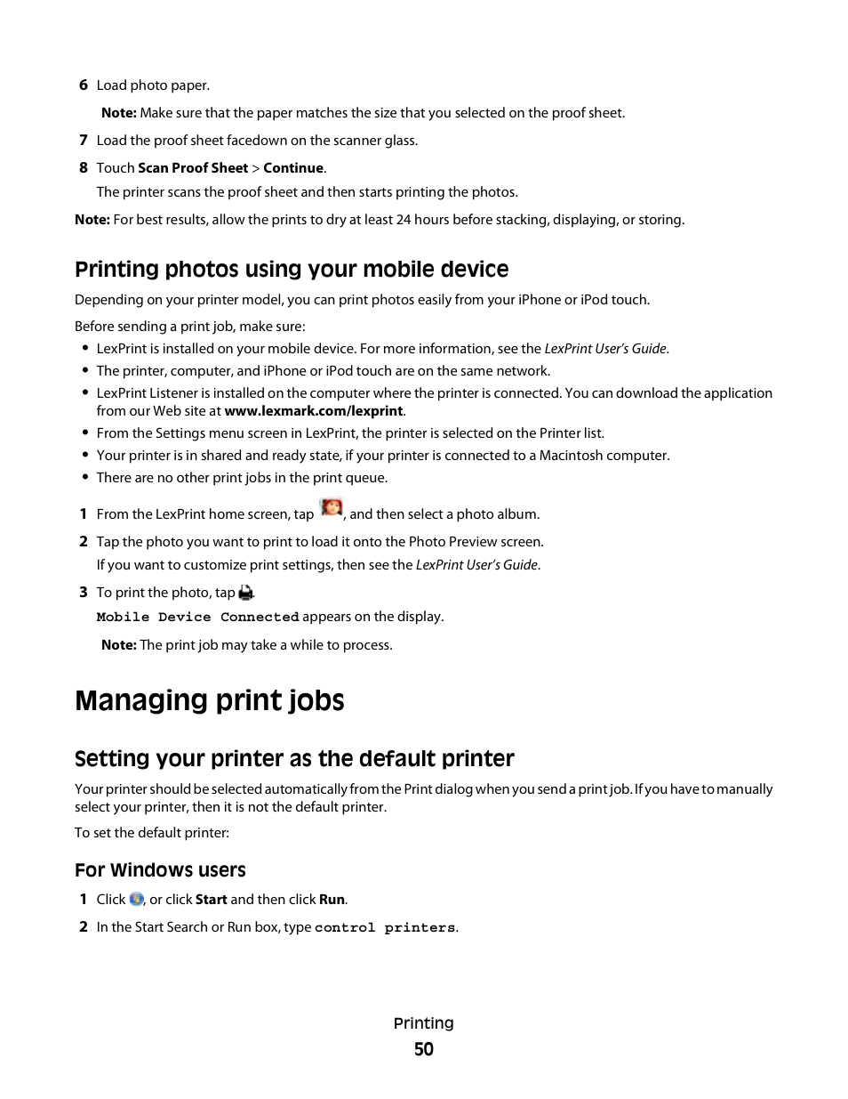Printing photos using your mobile device, Managing print jobs, Setting your printer as the default printer | Lexmark S800 User Manual | Page 50 / 197