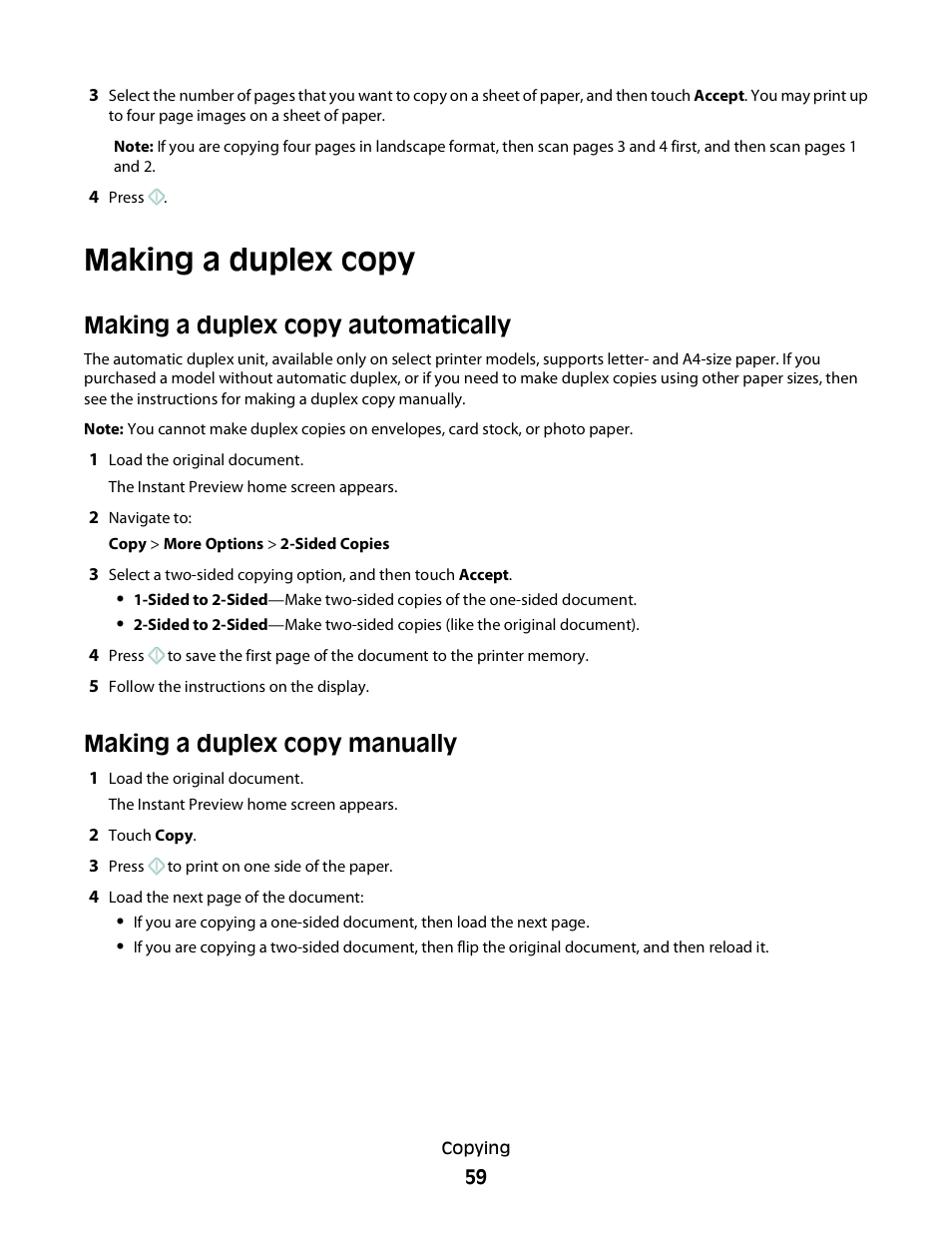 Making a duplex copy, Making a duplex copy automatically, Making a duplex copy manually | Lexmark S800 User Manual | Page 59 / 197