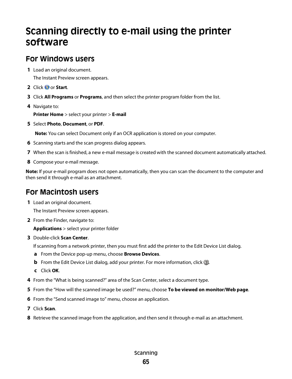 For windows users, For macintosh users | Lexmark S800 User Manual | Page 65 / 197