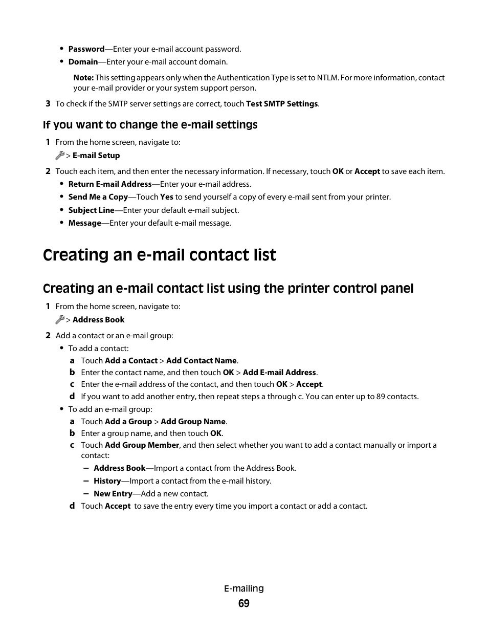 Creating an e-mail contact list | Lexmark S800 User Manual | Page 69 / 197