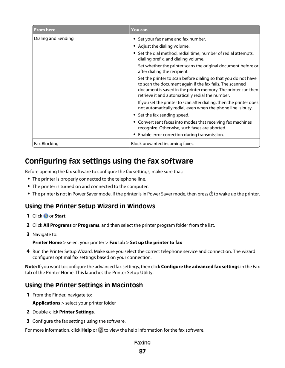 Configuring fax settings using the fax software | Lexmark S800 User Manual | Page 87 / 197