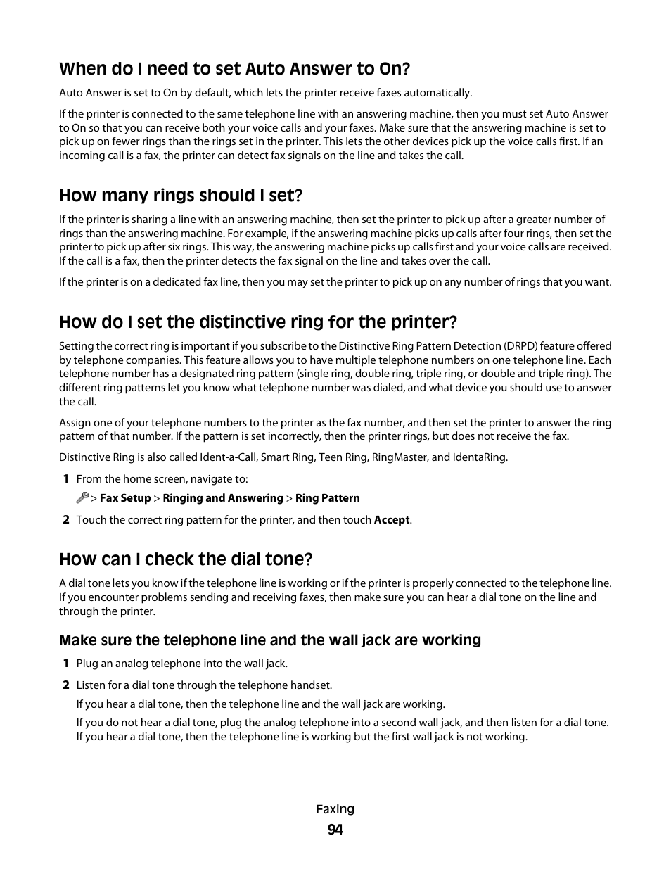 When do i need to set auto answer to on, How many rings should i set, How do i set the distinctive ring for the printer | How can i check the dial tone | Lexmark S800 User Manual | Page 94 / 197