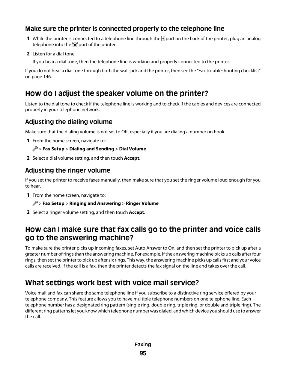 How do i adjust the speaker volume on the printer, What settings work best with voice mail service | Lexmark S800 User Manual | Page 95 / 197