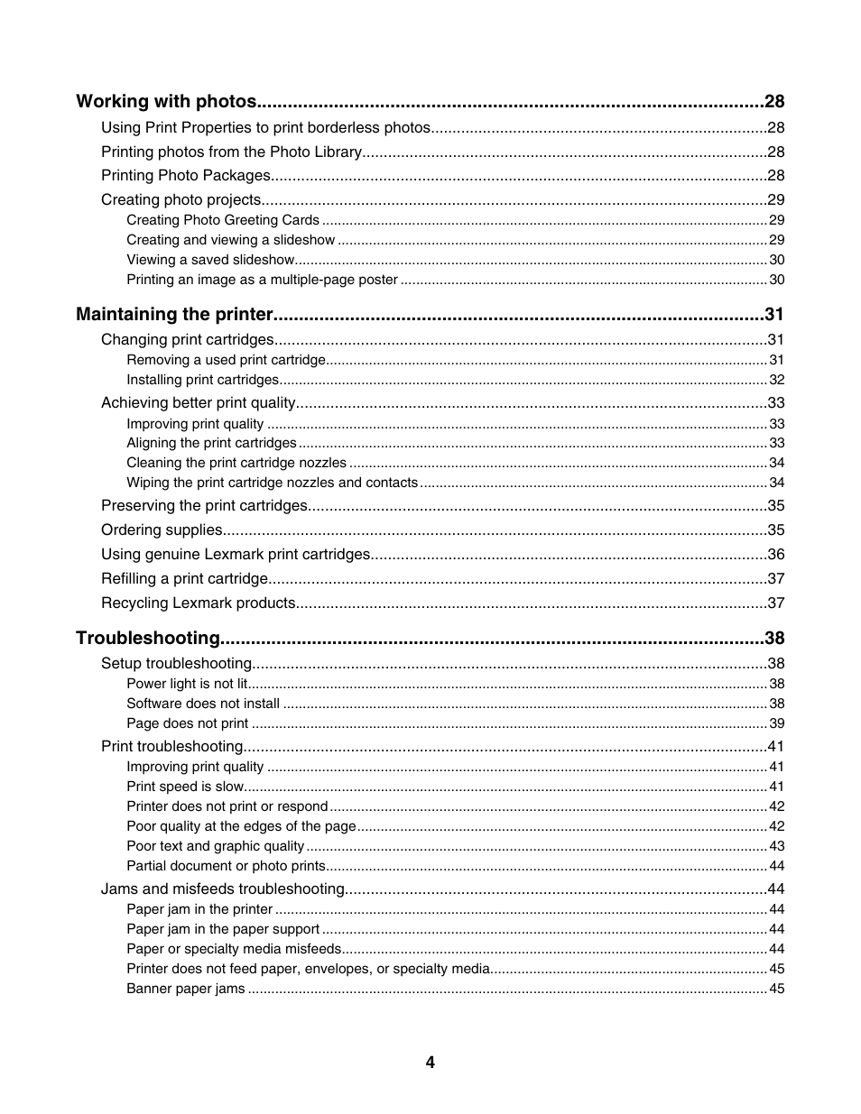 Working with photos, Maintaining the printer, Troubleshooting | Lexmark 1300 Series User Manual | Page 4 / 53