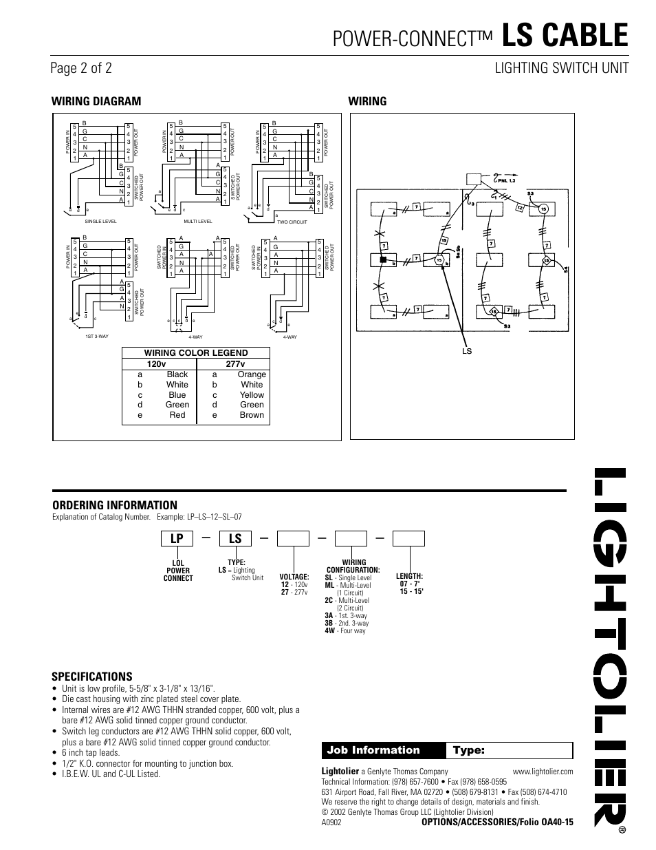 Ls cable, Power-connect, Page 2 of 2 lighting switch unit | Ls lp, Wiring diagram wiring ordering information, Specifications, Job information type, Lightolier, Options/accessories/folio oa40-15 | Lightolier Power Connect LS Cable User Manual | Page 2 / 2