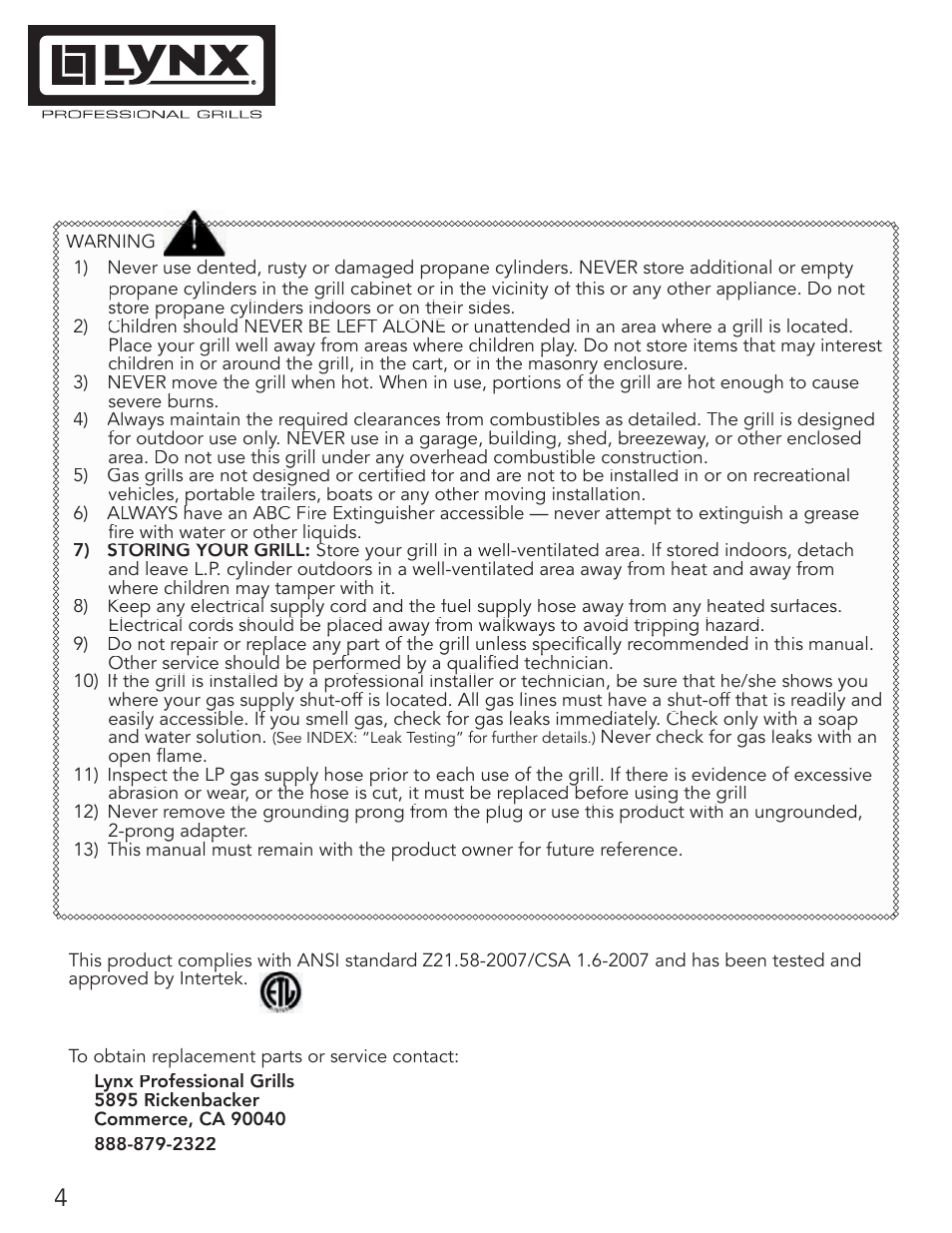 Lynx Professional Grills 42" Free Standing Grill L42PSR-1 User Manual | Page 4 / 48