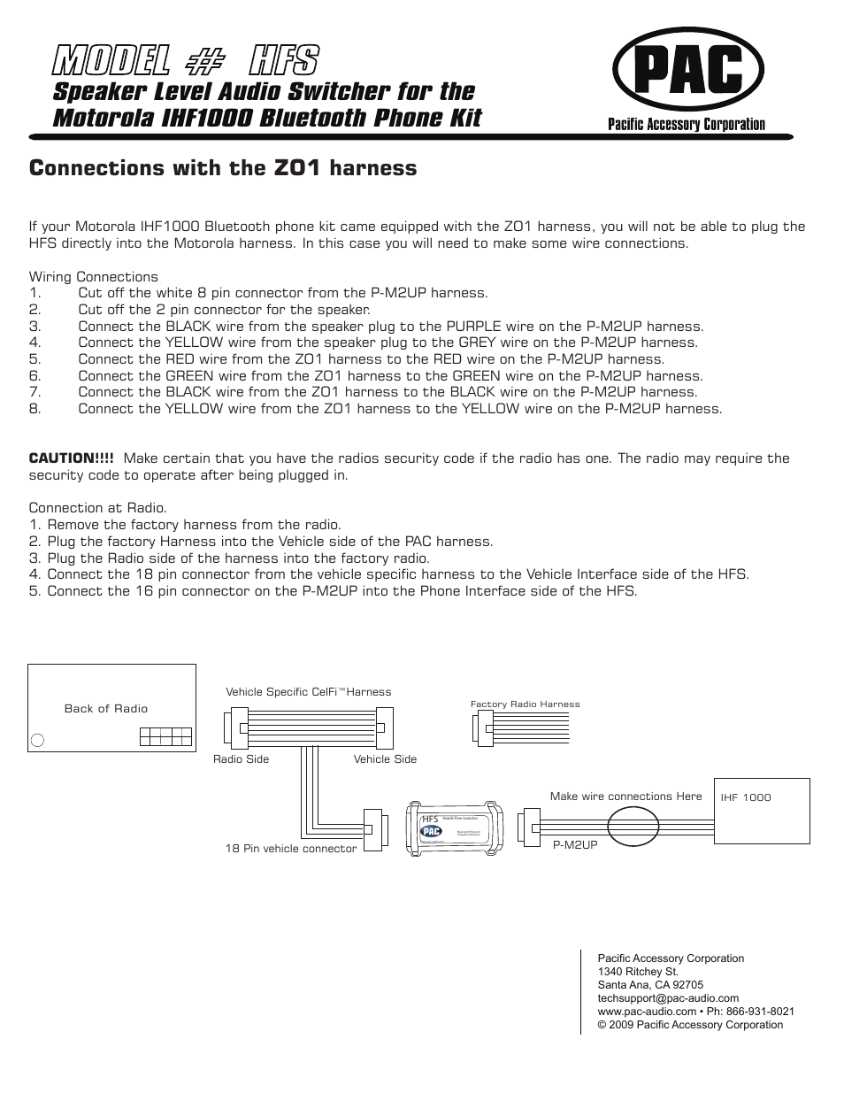 Model # hfs, Connections with the zo1 harness | PAC HFS User Manual | Page 2 / 2