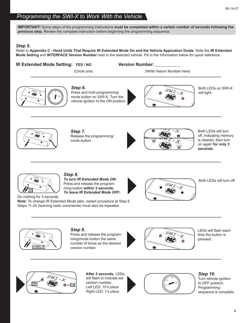 Programming the swi-x to work with the vehicle, Step 8, Step 6 | Step 7, Step 9, Step 10, Step 5, Ir extended mode setting, Version number | PAC SWI-X User Manual | Page 3 / 8