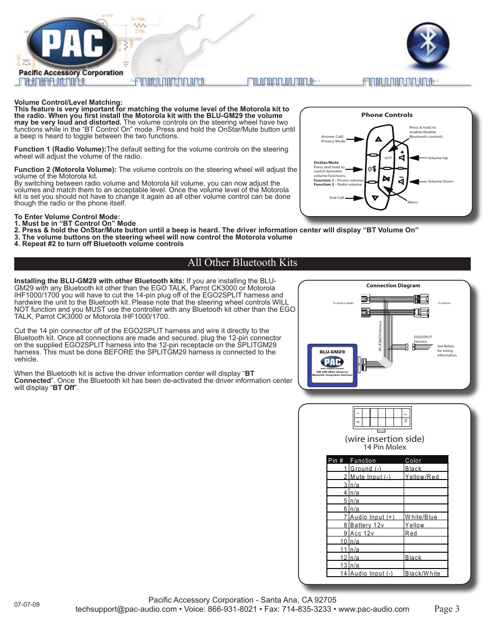 All other bluetooth kits, Wire insertion side), Page 3 | 14 pin molex | PAC J1850 User Manual | Page 3 / 4