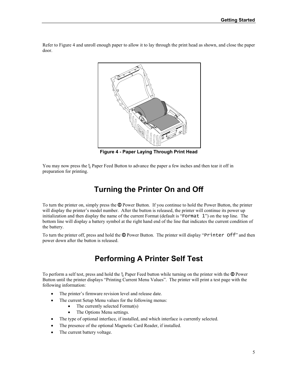 Turning the printer on and off, Performing a printer self test | Printek MTP300 User Manual | Page 11 / 63