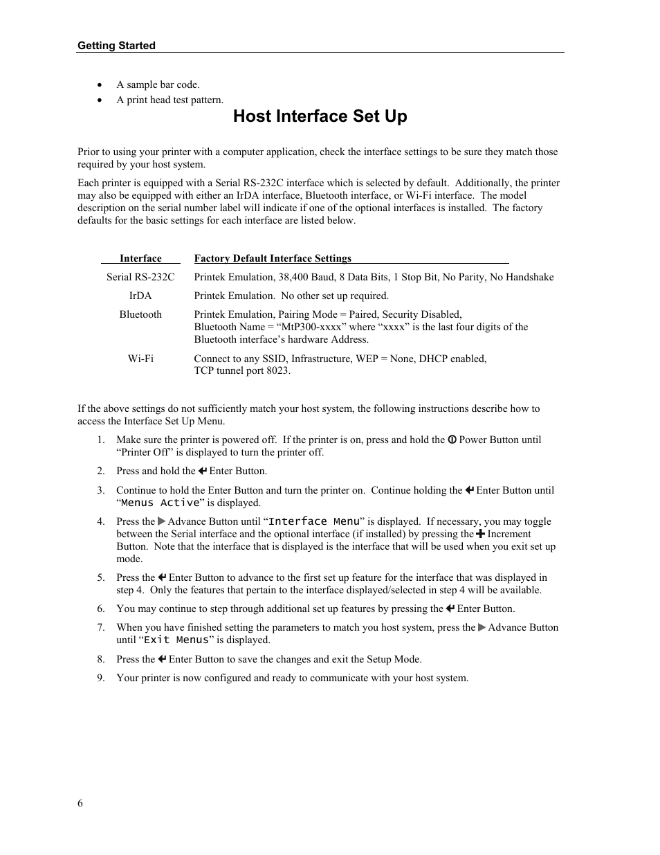 Host interface set up | Printek MTP300 User Manual | Page 12 / 63
