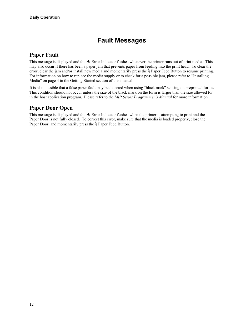 Fault messages, Paper fault, Paper door open | Printek MTP300 User Manual | Page 18 / 63