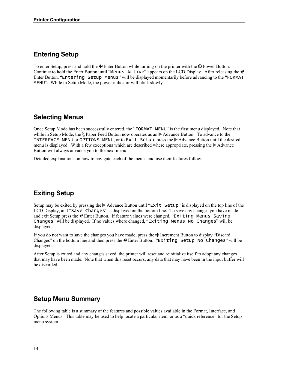 Entering setup, Selecting menus, Exiting setup | Setup menu summary | Printek MTP300 User Manual | Page 20 / 63