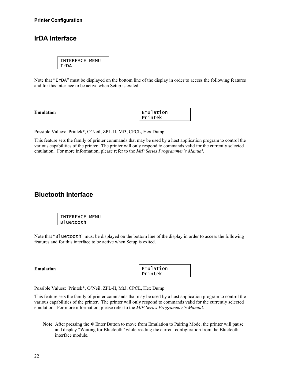 Irda interface, Bluetooth interface | Printek MTP300 User Manual | Page 28 / 63