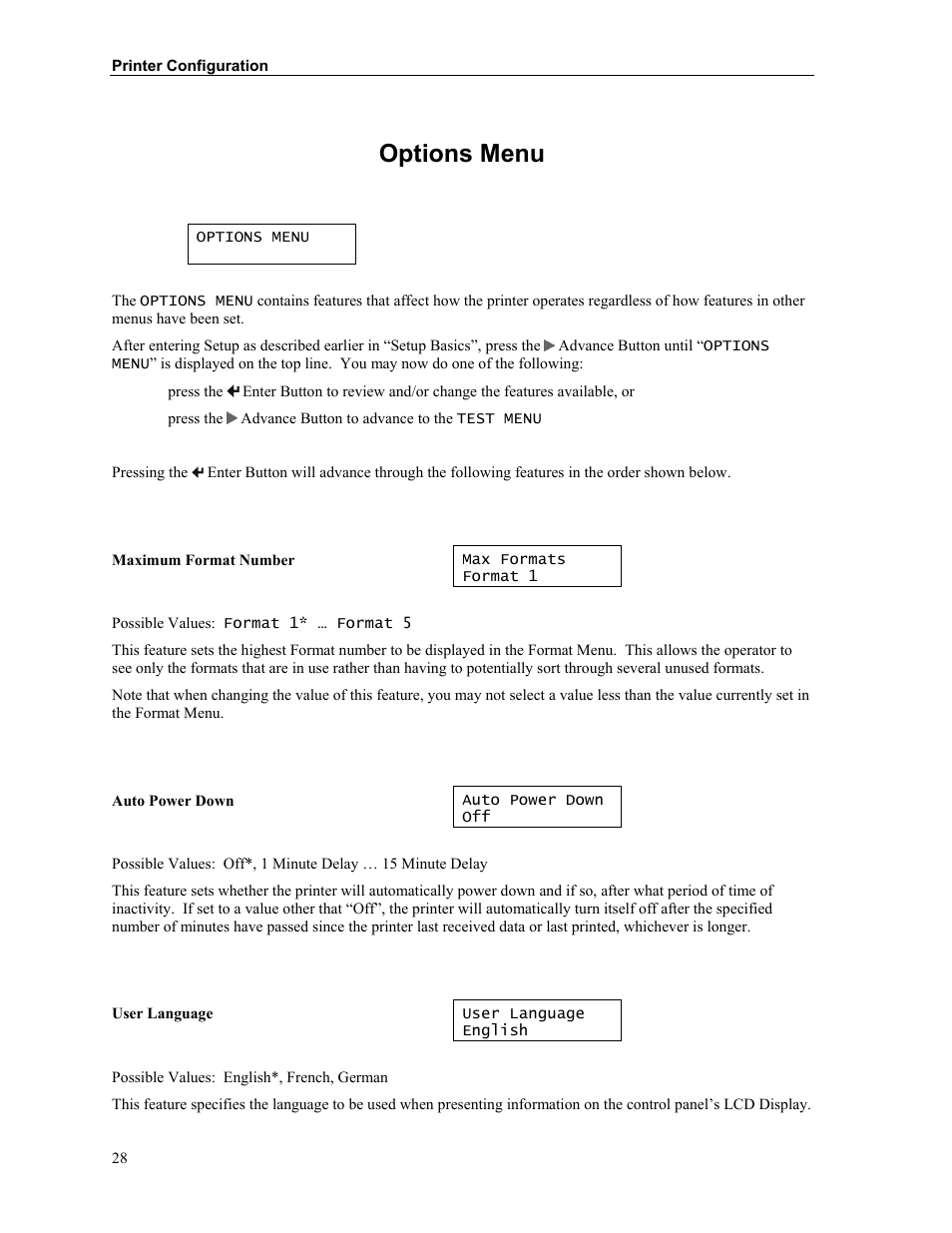 Options menu | Printek MTP300 User Manual | Page 34 / 63