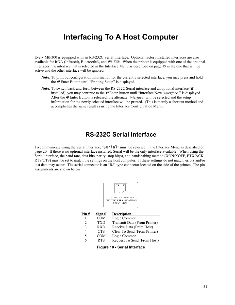 Interfacing to a host computer, Rs-232c serial interface | Printek MTP300 User Manual | Page 37 / 63