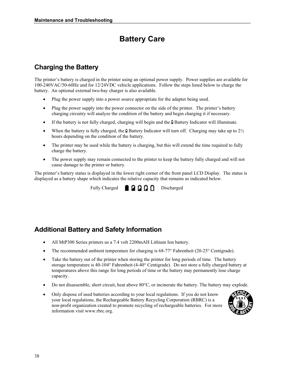 Battery care, Charging the battery, Additional battery and safety information | Battery care” on | Printek MTP300 User Manual | Page 44 / 63
