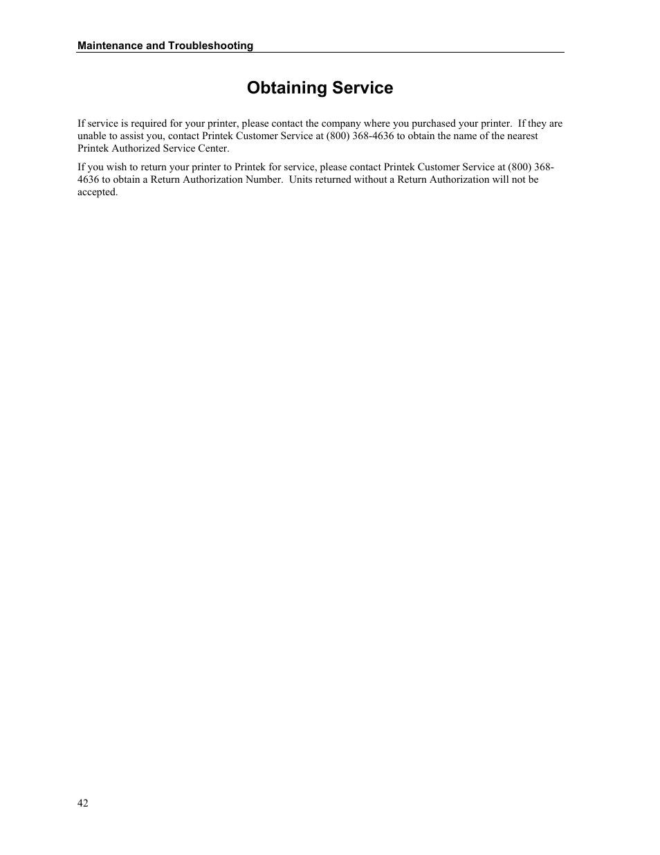 Obtaining service | Printek MTP300 User Manual | Page 48 / 63