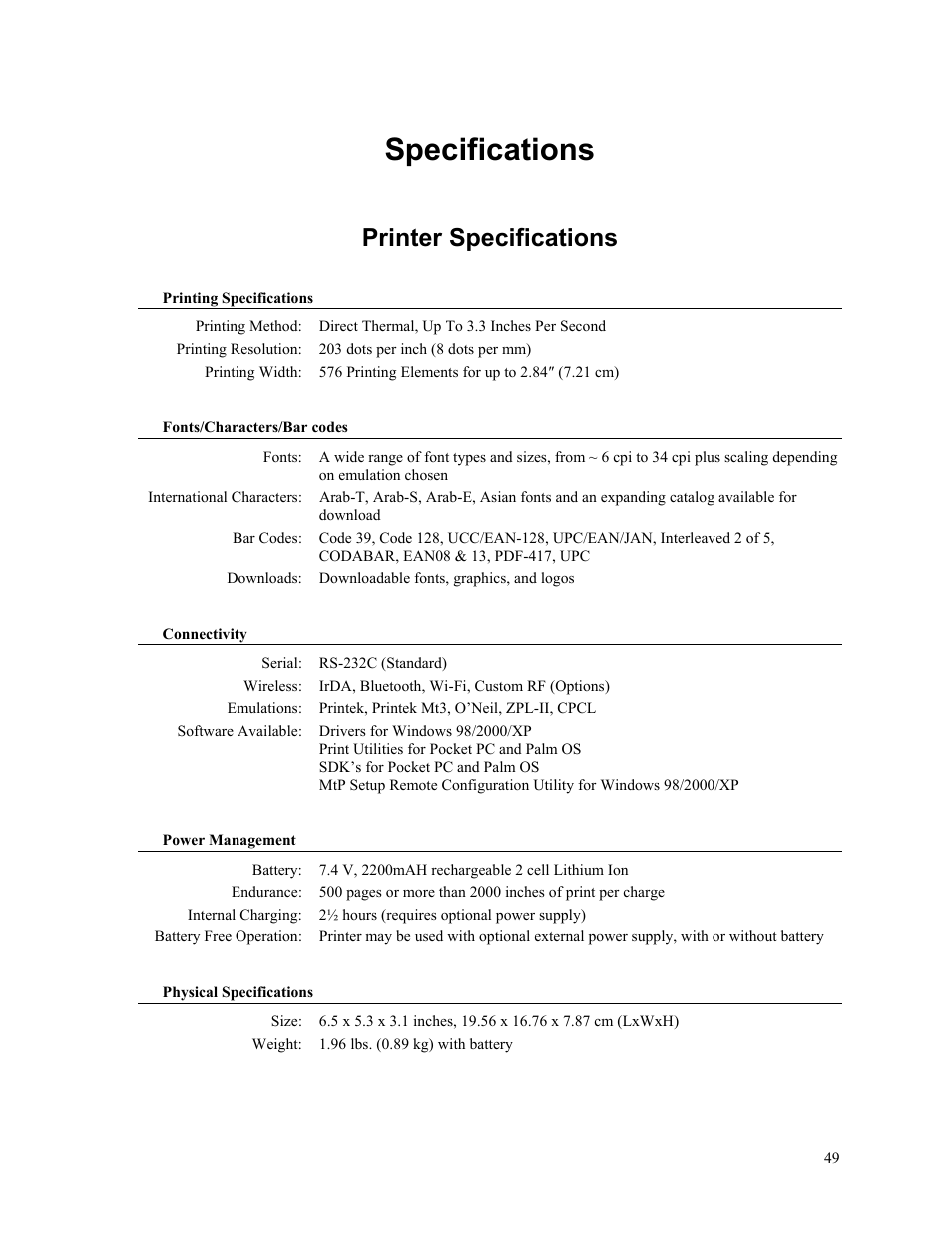 Specifications, Printer specifications | Printek MTP300 User Manual | Page 55 / 63