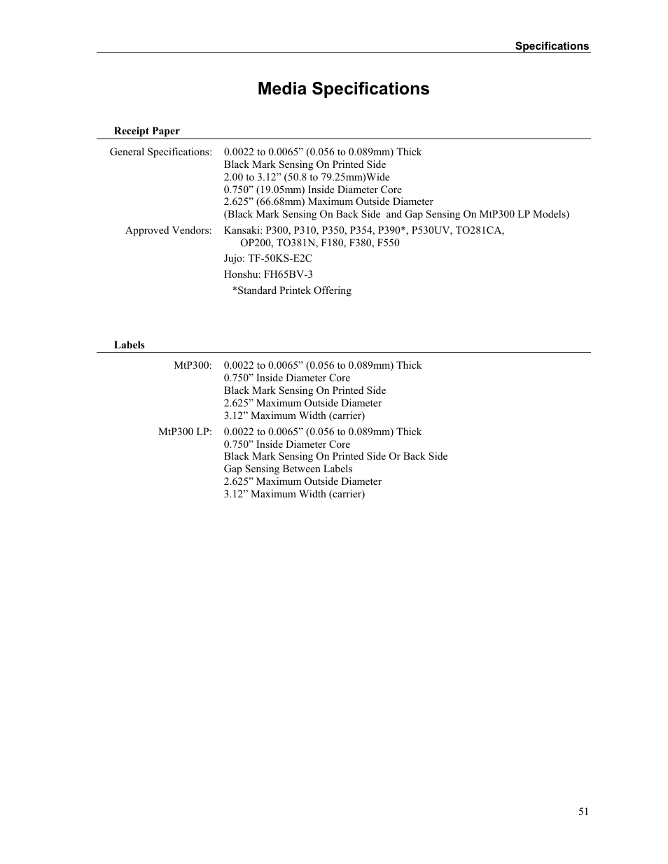 Media specifications | Printek MTP300 User Manual | Page 57 / 63