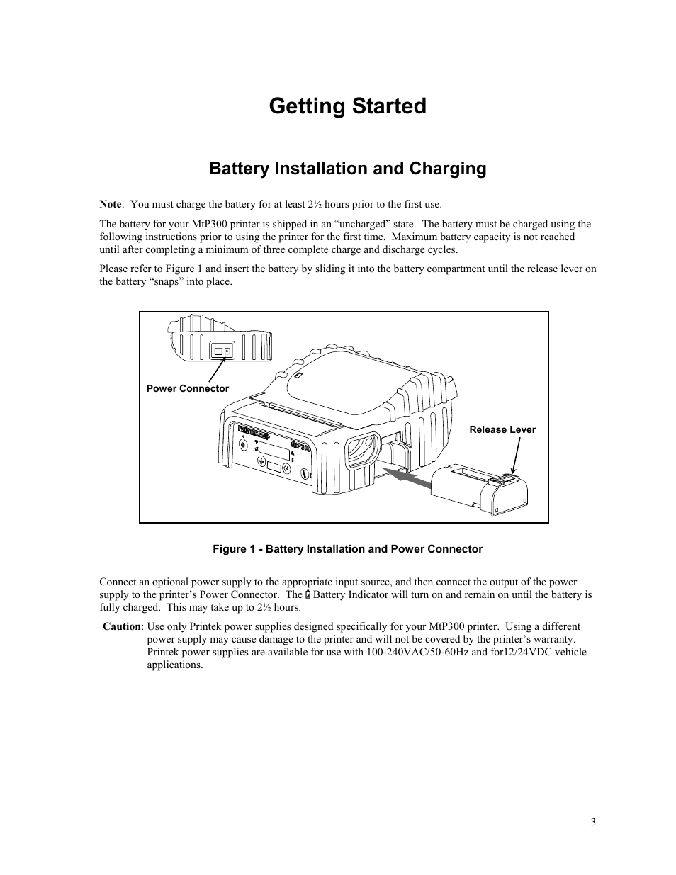 Getting started, Battery installation and charging, Getting started cont | Printek MTP300 User Manual | Page 9 / 63